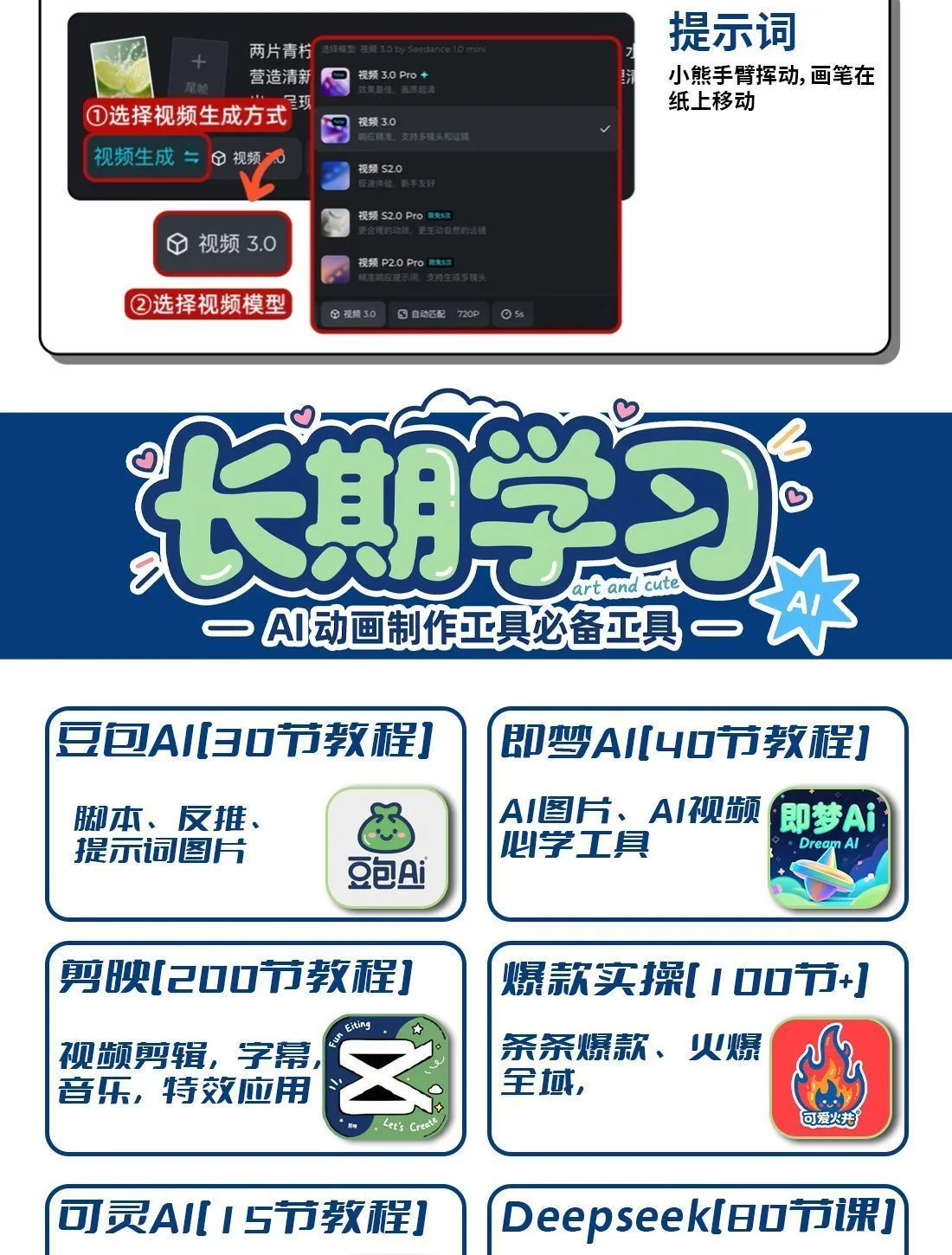 DeepSeek短视频制作教程提示词即梦AI可灵动画剪映豆包动画教程3d