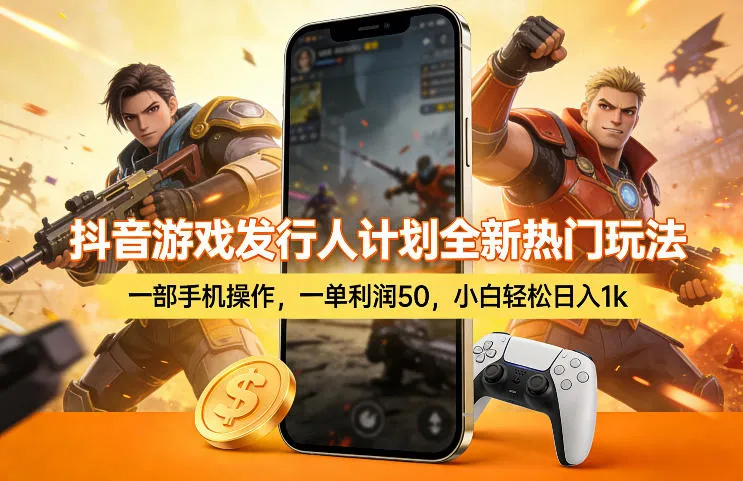 抖音游戏发行人计划全新热门玩法，一部手机操作，一单利润50，小白轻松日入1k