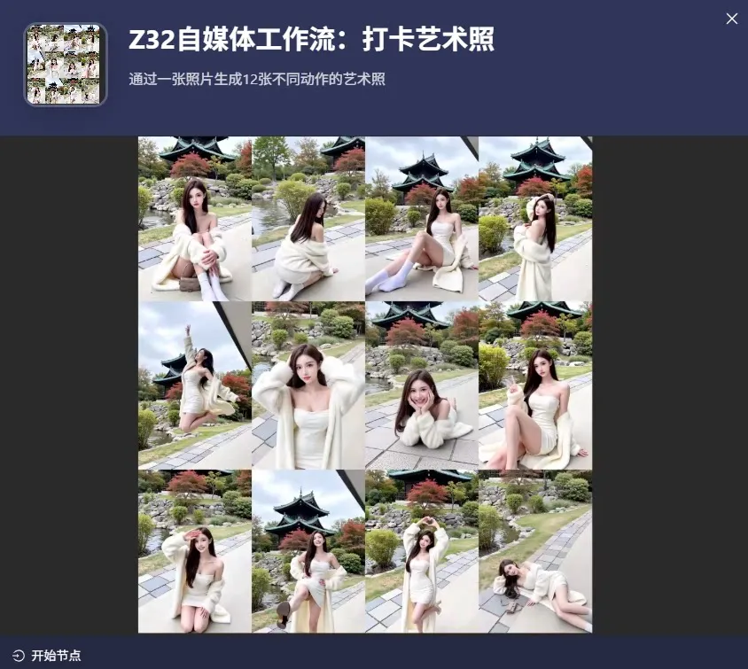 通过一张照片生成12张不同动作的艺术照扣子工作流