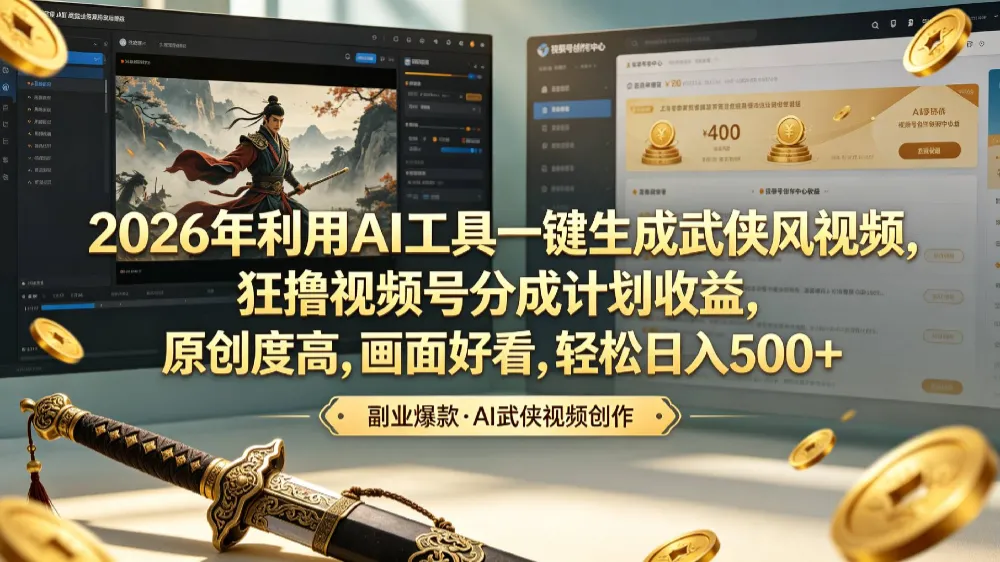 2026年利用AI工具一键生成武侠风视频，狂撸视频号分成计划收益，原创度高，画面好看，轻松日入500+