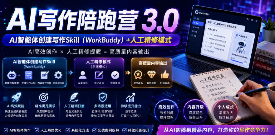 AI写作陪跑营3.0,Ai智能体创建写作skill(workbuddy)+人工手写模式(手搓模式),去除AI痕迹(头条号、公众号、百家号) 图1 AI写作陪跑营3.0,Ai智能体创建写作skill(workbuddy)+人工手写模式(手搓模式),去除AI痕迹(头条号、公众号、百家号) 图1