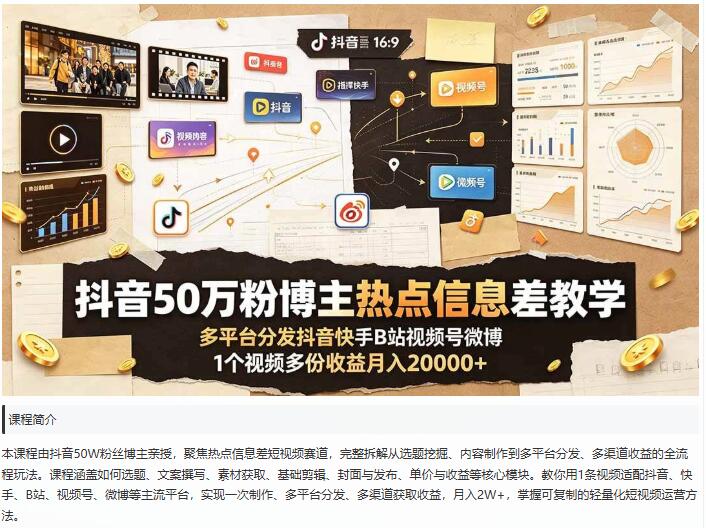斗音50万粉博主热点信息差教学：多平台分发斗音快手B站视频号微博 图1