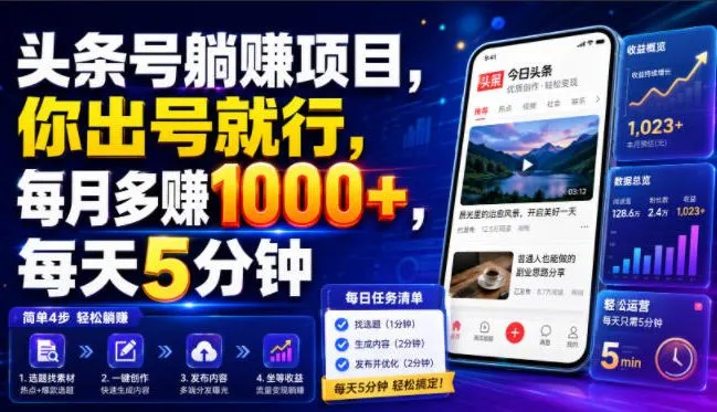 头条号躺賺项目,你出号就行,每月多賺1000+,每天5分钟,坐等分米