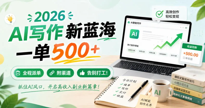 2026 AI写作新蓝海,一单500+,全程派单,附渠道,告别打工!