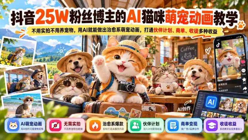 抖音25W粉丝博主的AI猫咪萌宠动画教学，不用实拍不用养宠物，用AI就能做出治愈系萌宠动画，打通伙伴计划、商单、收徒多种收益