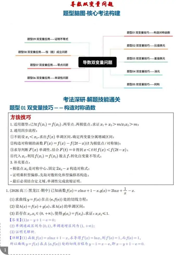 导数双变量问题9种常见考法归类--2027高考数学
