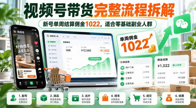 视频号带货完整流程拆解，新号单周结算佣金1022，适合零基础副业人群