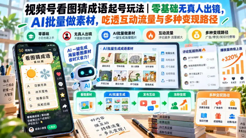 视频号看图猜成语起号玩法|零基础无真人出镜,AI批量做素材,吃透互动流量与多种变现路径