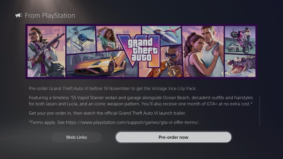 PS5用户收到《GTA6》预购奖励推送通知