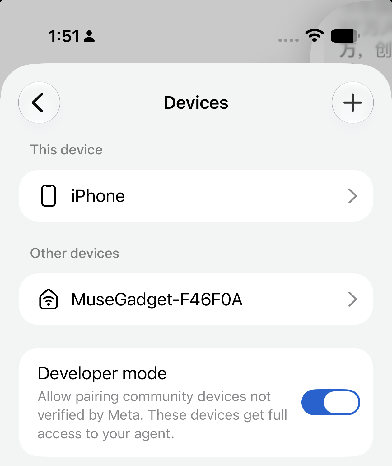 Muse App 的设备页,开发者模式打开后列出了这块板子