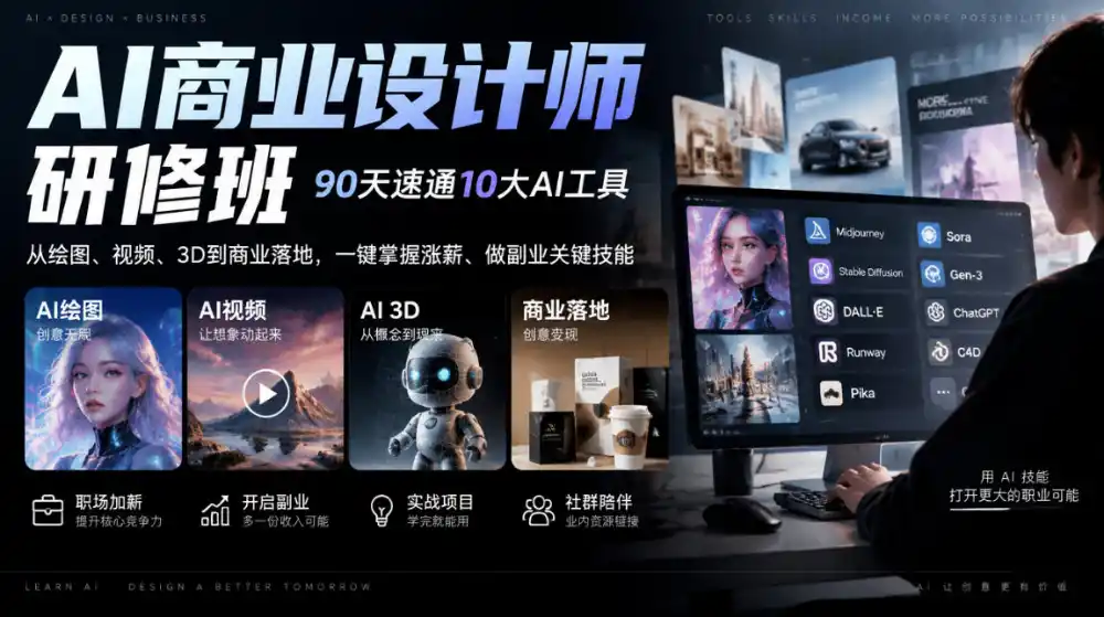 AI商业设计师研修班，90天速通10大AI工具，从绘图、视频、3D到商业落地，一键掌握涨薪、做副业关键技能
