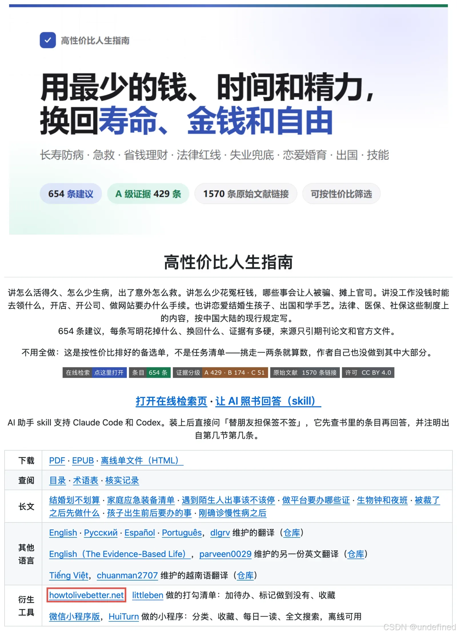原仓库 README 顶部,红框是收录的 howtolivebetter.net